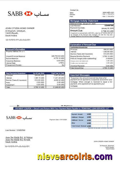 Saudi Arabia SABB bank mortgage statement